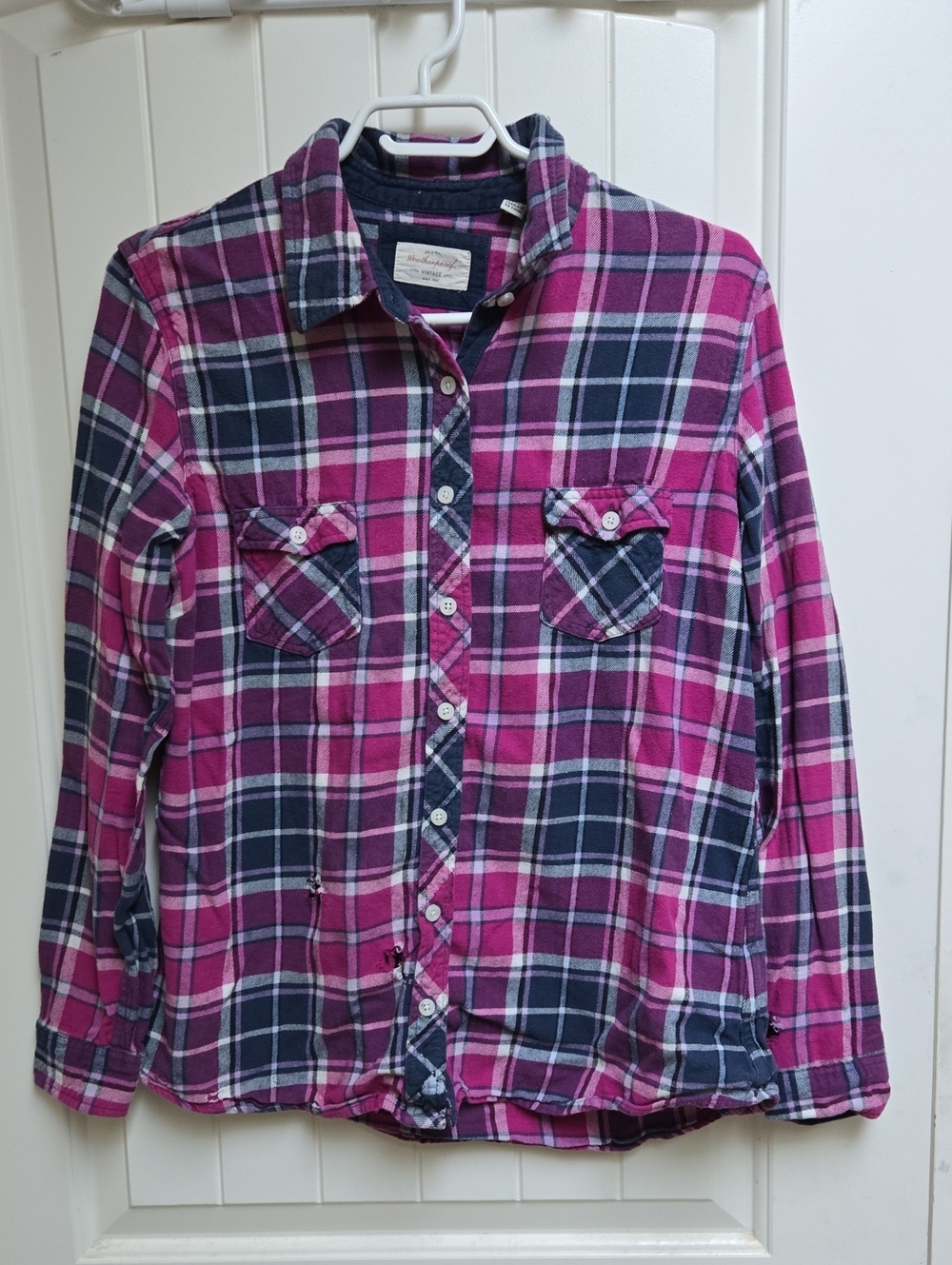 Weatherproof VintGe Destroyed Purple and Navy Plaid Flannel Shirt Women's Large